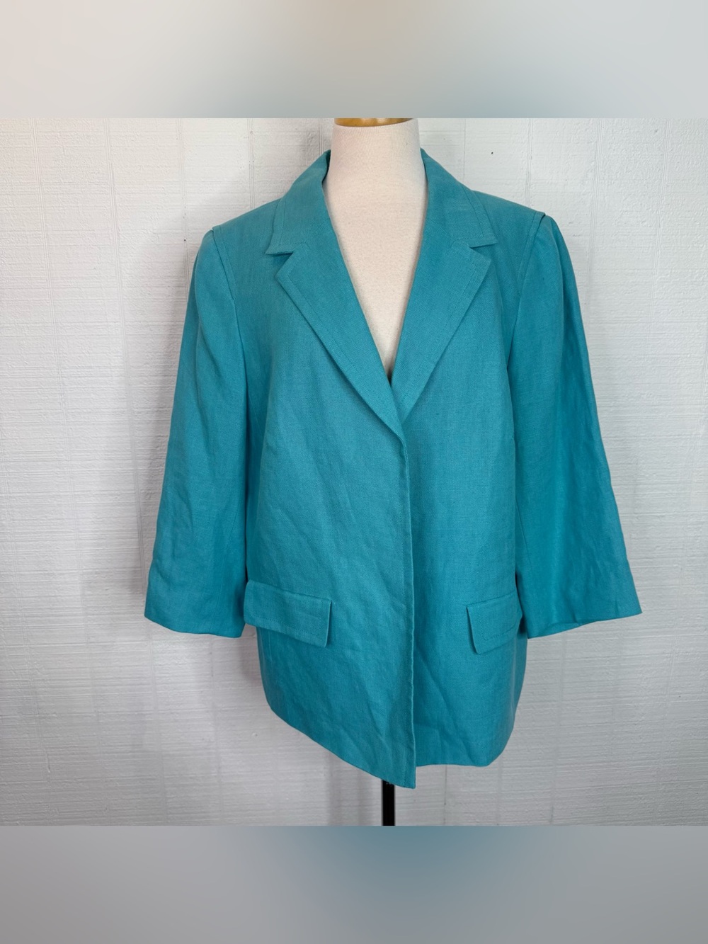 NEW Talbots Woman 18W Aqua Blue 100% Linen Blazer Jacket Open Front Plus Size